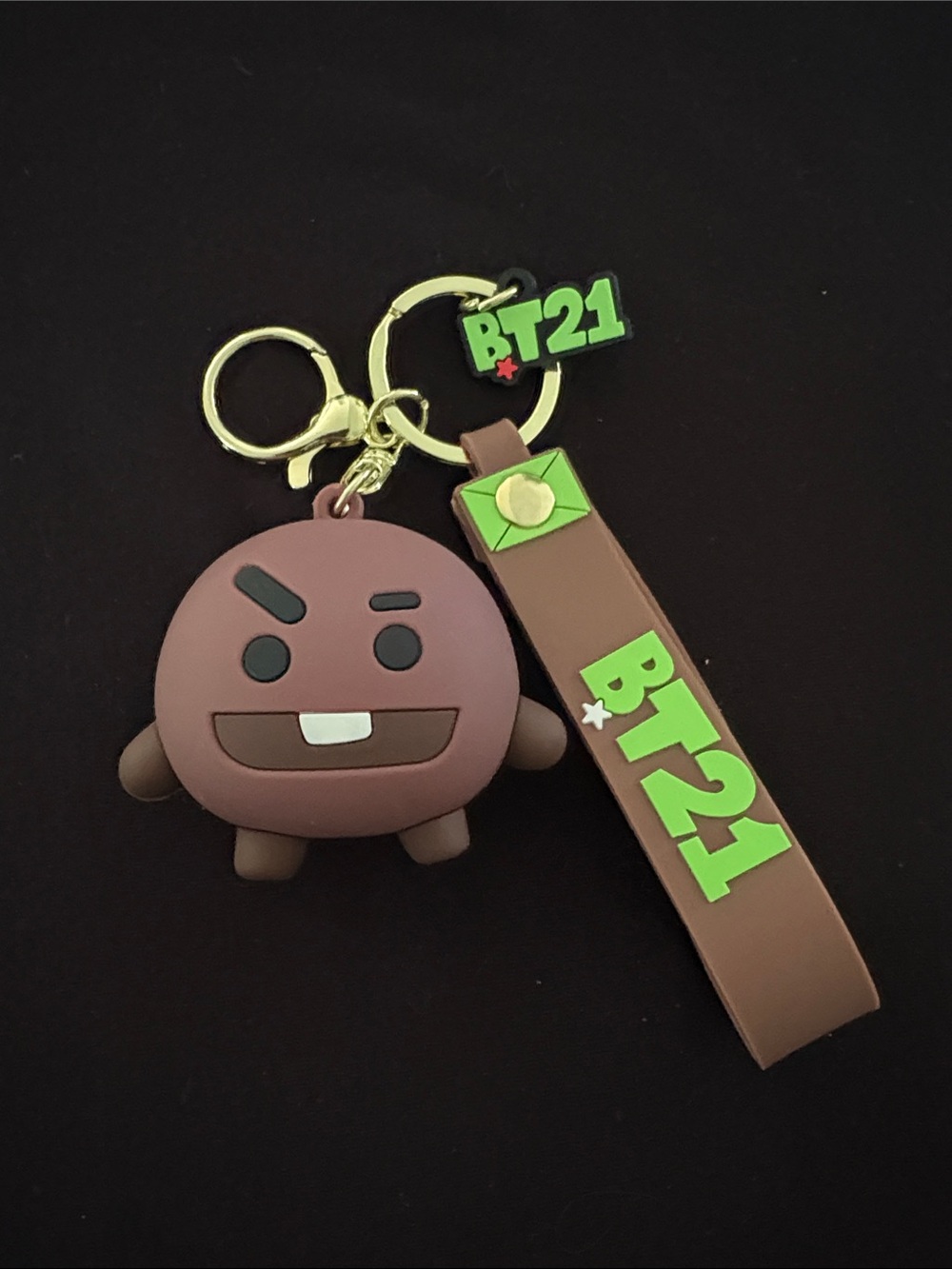 BT21 BTS Shooky Keychain Bag Charm with Brown & Lime Green Strap